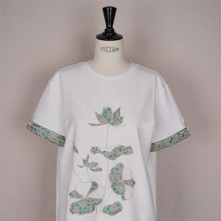 【夏荷】120支双丝光棉拼接上久楷宋锦刺绣中式T恤CD2167464