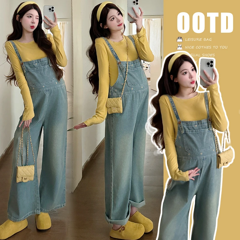 韩版孕妇装秋装牛仔背带裤时尚简约宽松气质套装外穿设计感两件套