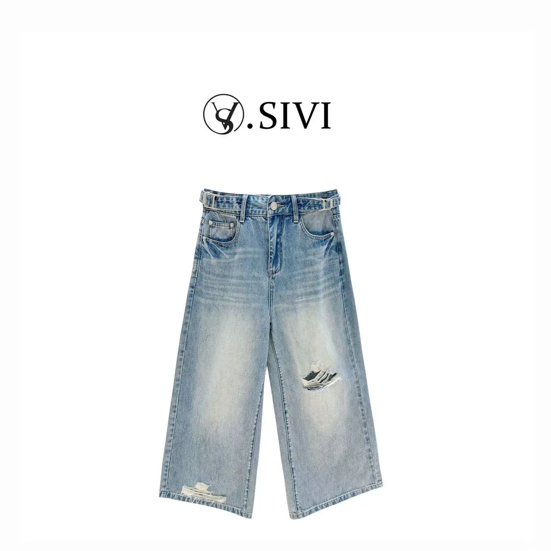 熙薇【星野蓝里】2025夏季新款休闲破洞八分牛仔裤H3103