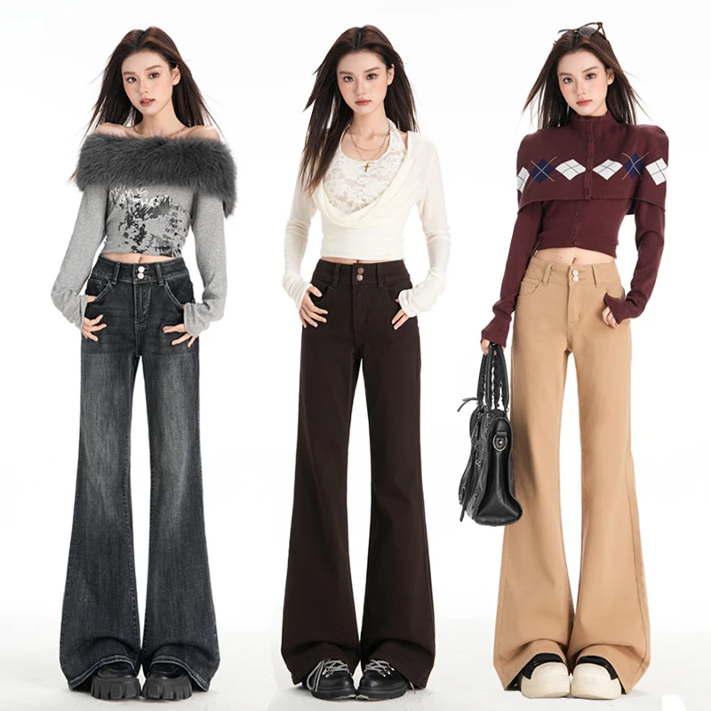 秋冬新款显瘦美式复古微喇叭裤双扣弹力高腰显瘦牛仔裤女长裤加长