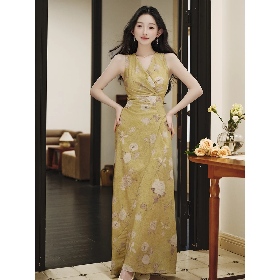 性感无袖绑带长裙修身收腰夏款轻薄印花国风连衣裙配打底裙1962