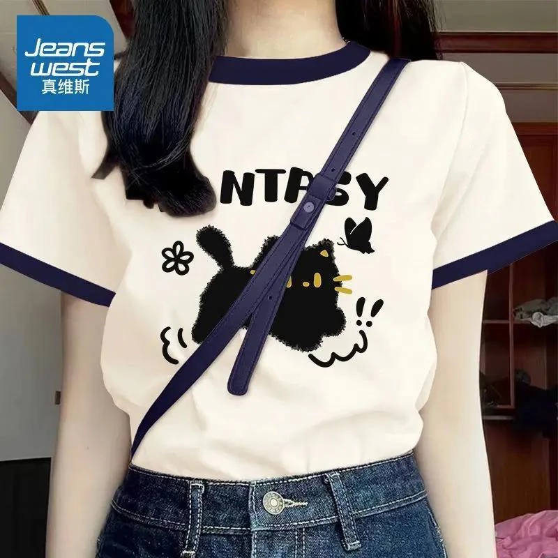 真维斯纯棉撞色短袖t恤女士2025新款夏季潮流美式显瘦休闲打底衫