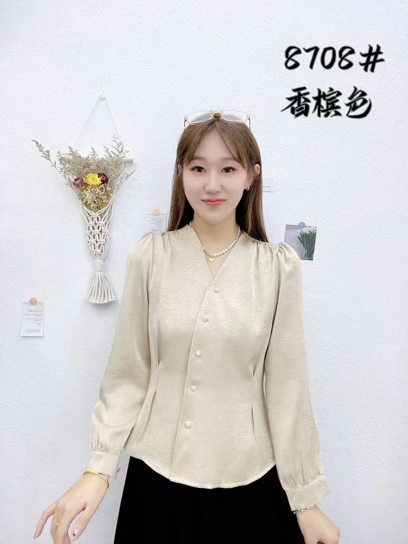 2025春季新款时尚百搭轻奢洋气显瘦气质减龄女士V领长袖衬衣衬衫