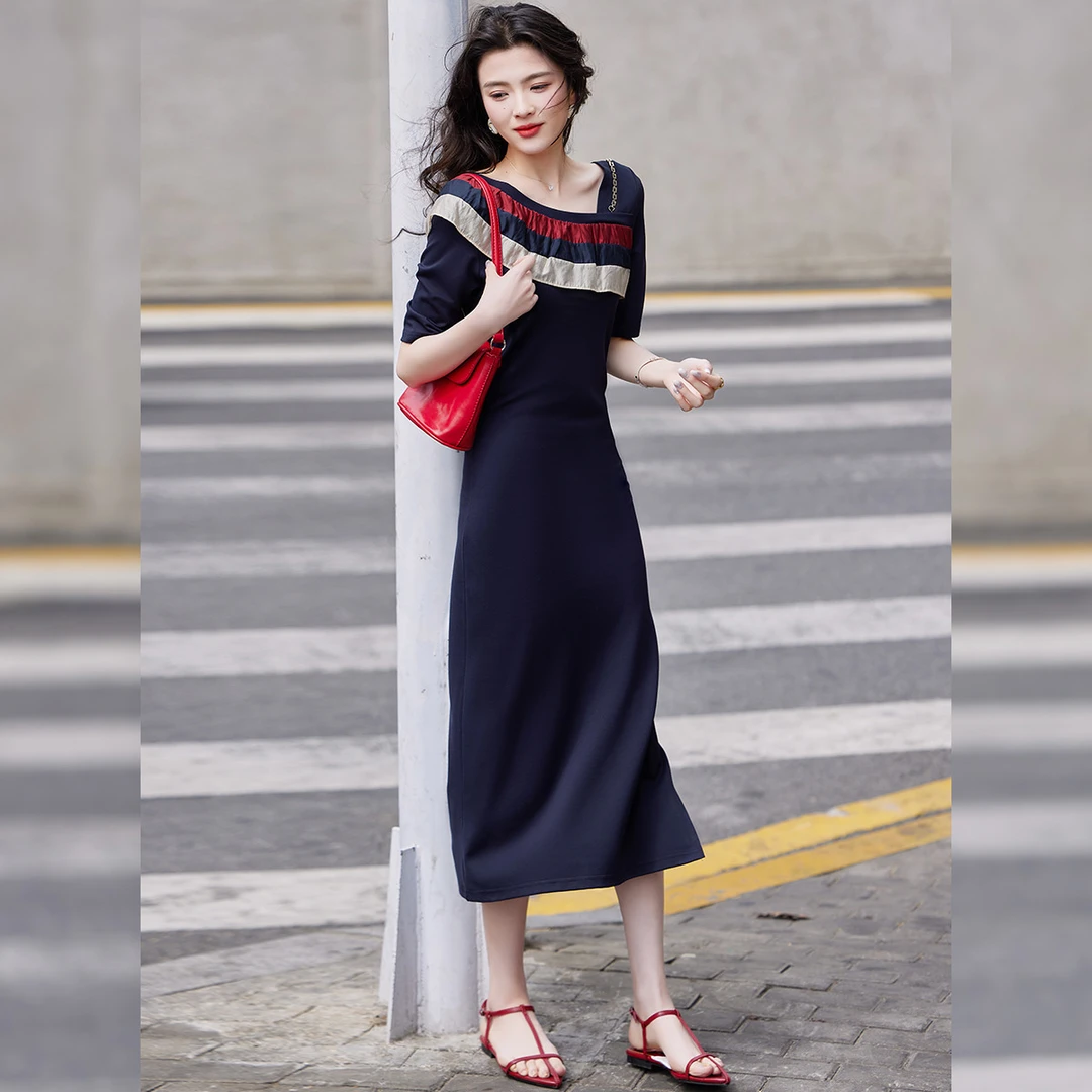 白鹿语【商场同款新品】撞色荷叶边链条装饰夏修身连衣裙YU20122