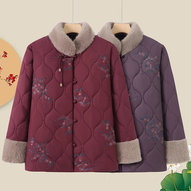 中老年女装冬季棉衣加绒加厚妈妈装绣花立领棉袄奶奶装棉服保暖衣