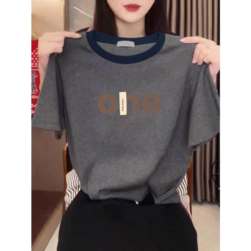 爆款不撞款正肩拼色圆领短袖t恤女2025新款时尚百搭宽松夏季上衣