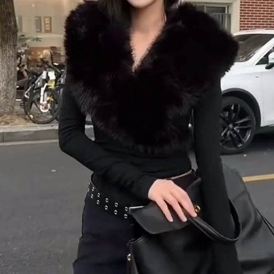 加绒毛领长袖修身T恤女高级感收腰显瘦辣妹紧身打底上衣