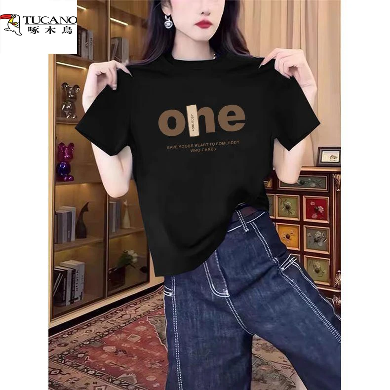 正肩棉短袖t恤女装2025新款时尚百搭洋气藏青色薄款上衣夏季潮