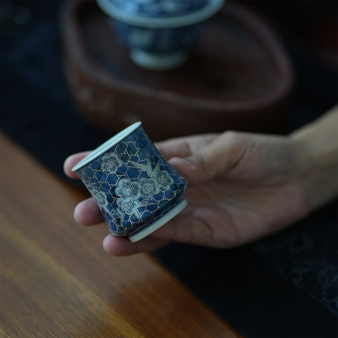 【贰月集】描银冰梅杯 慢叩柴窑 主人杯 茶杯 青花描银主人杯70ml