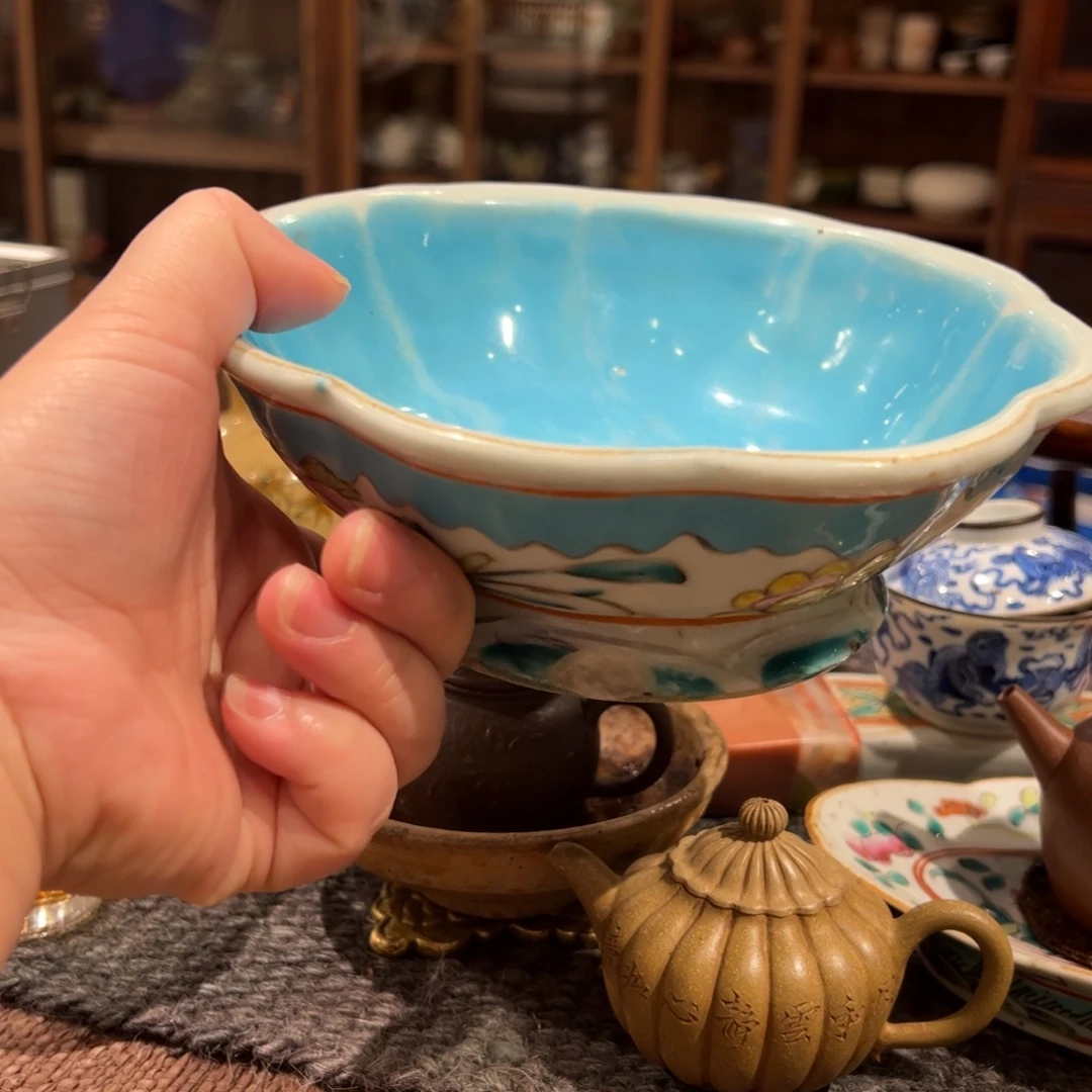 粉彩松石绿釉盘子口径16