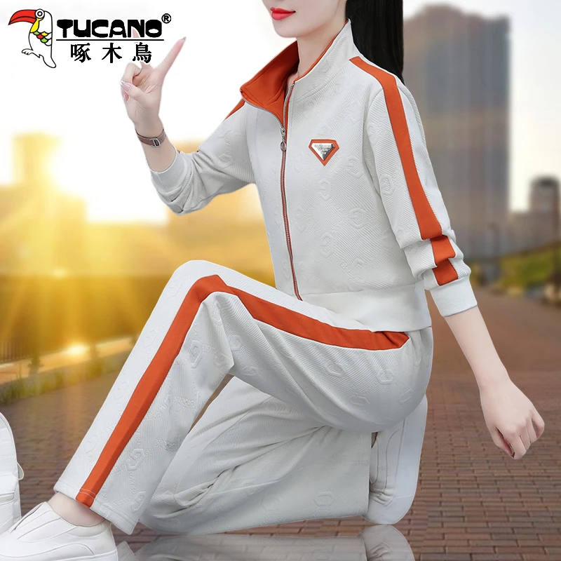 【官方】啄木鸟品牌运动套装2025新款春秋休闲宽松开衫卫衣两件套