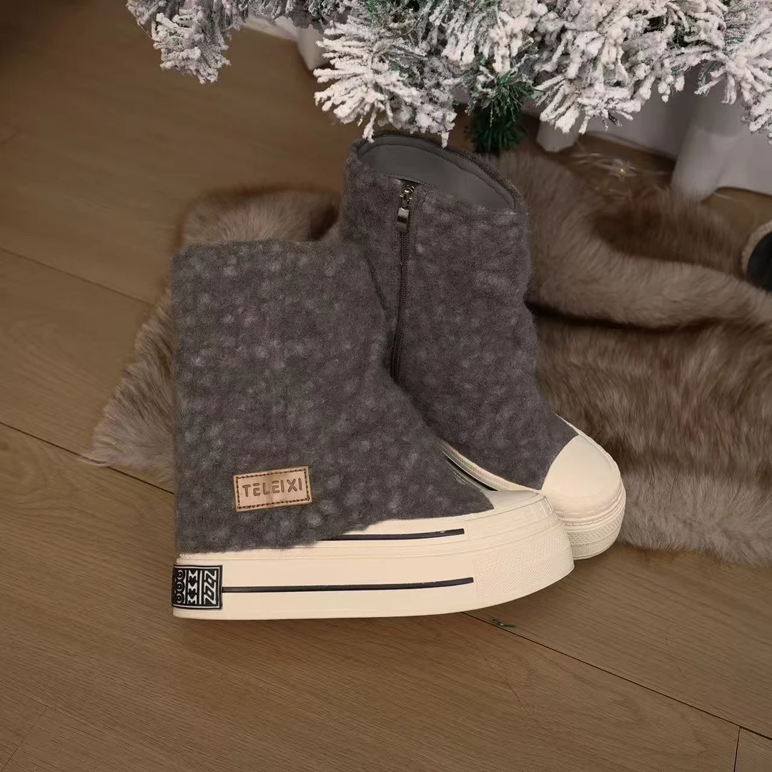 12cm隐形内增高休闲鞋厚款圆头毛呢裤管靴雪地靴舒适秋冬纯色