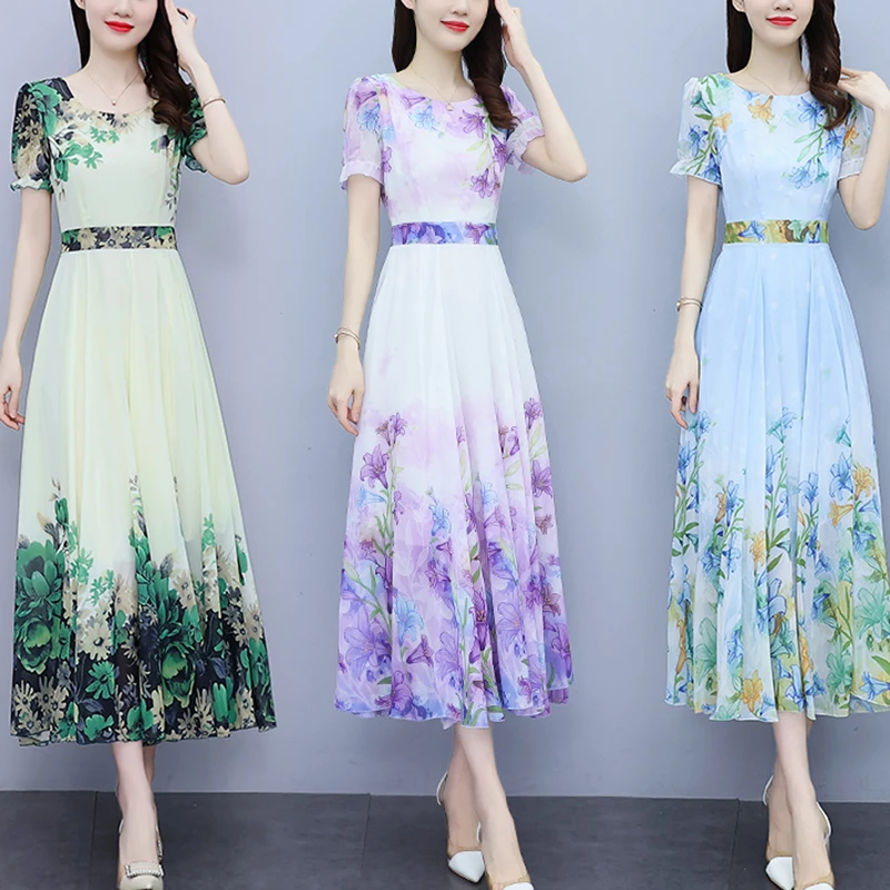 雪纺连衣裙夏季2025新款长款显瘦显高中气质遮肚子裙子