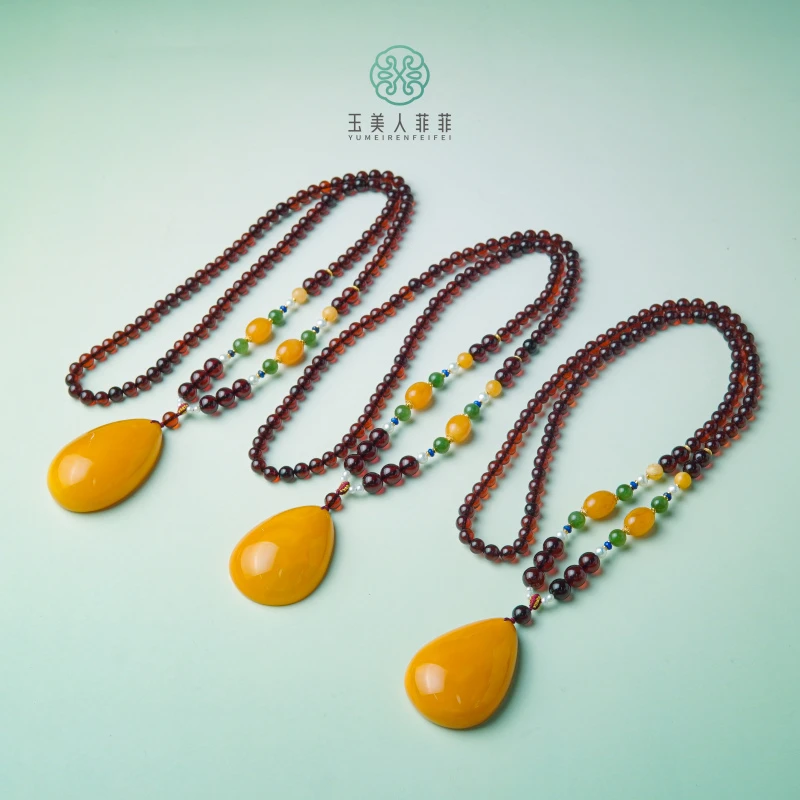 石惑珠宝^蜜蜡水滴项链约5mm^多样性发一-赠链