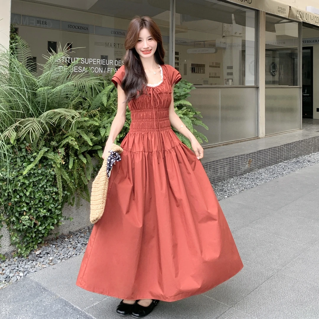 法式复古褶皱抽绳方领泡泡袖连衣裙女夏气质女神范收腰显瘦长裙子