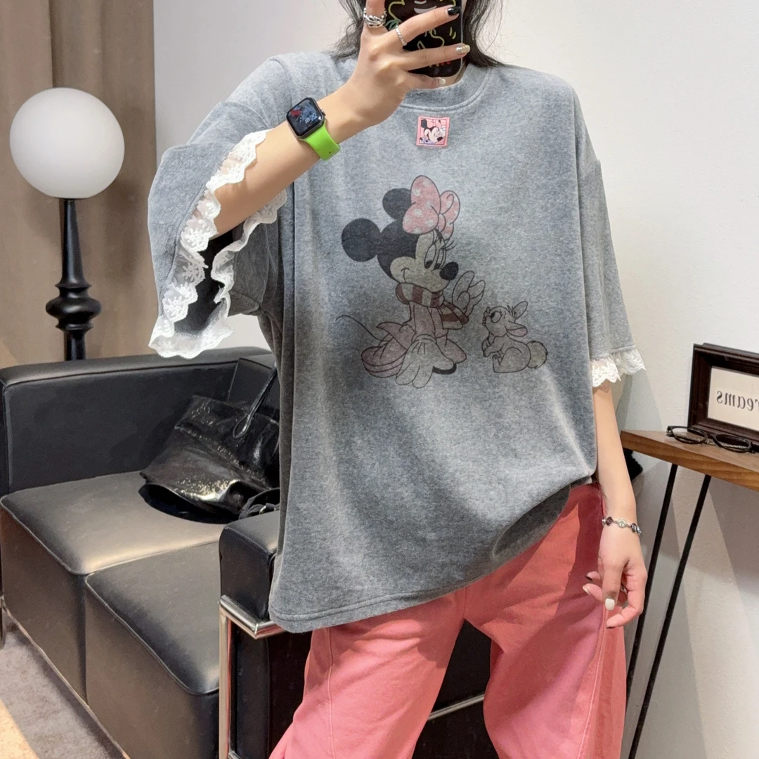 2025春季新款超洋气灰色蕾丝边圆领T恤女宽松显瘦减龄百搭七分袖