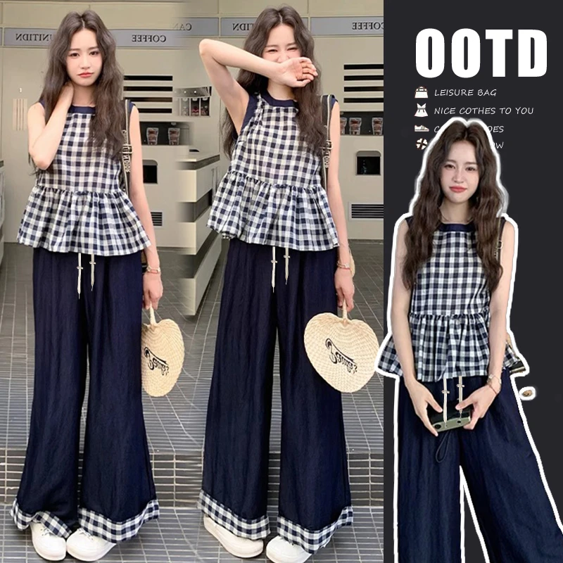 孕妇时尚套装洋气无袖格子衬衫高腰垂感阔腿裤复古外穿宽松长裤子