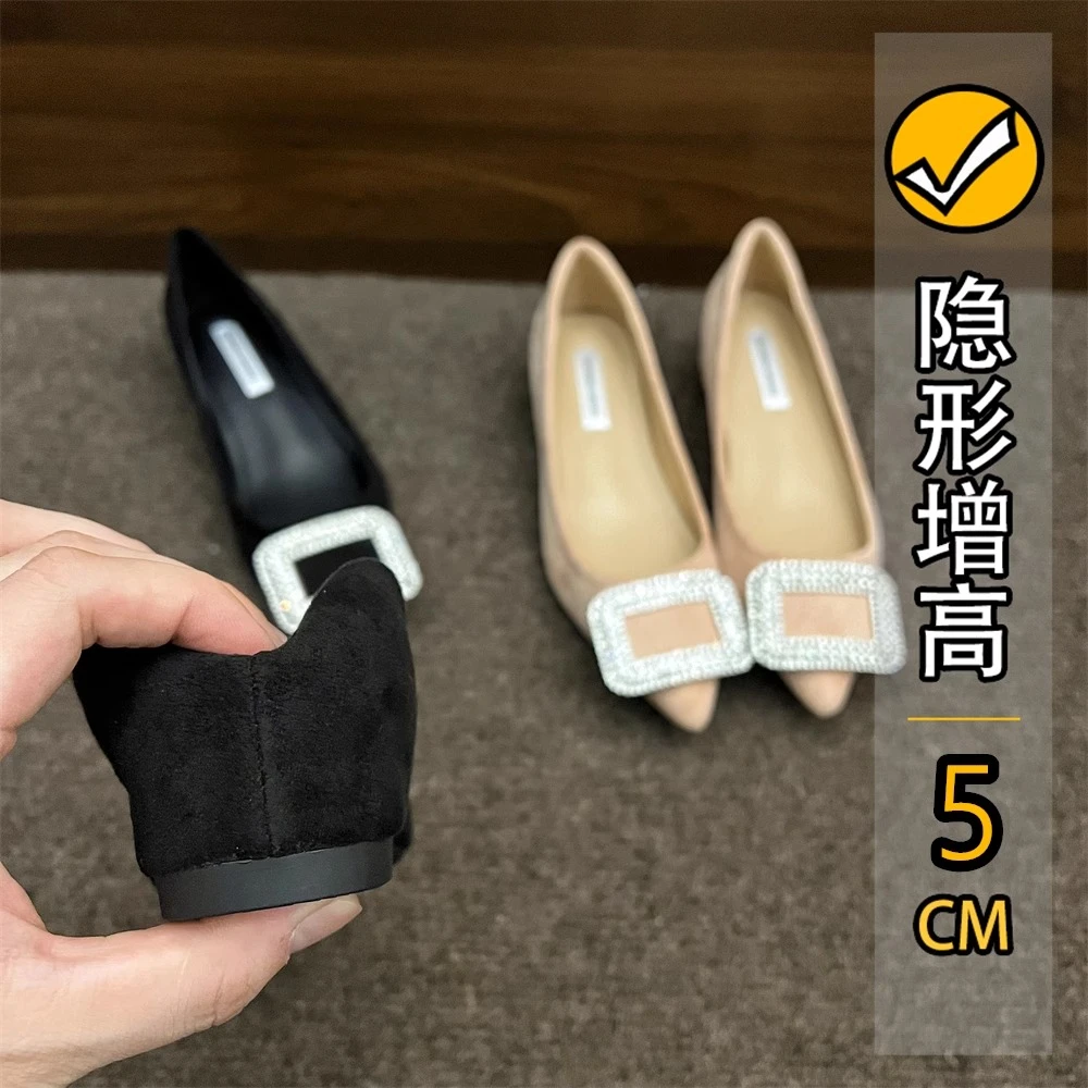 方扣闪闪水钻小个子内增高单鞋女2024新款5CM浅口尖头温柔晚晚鞋