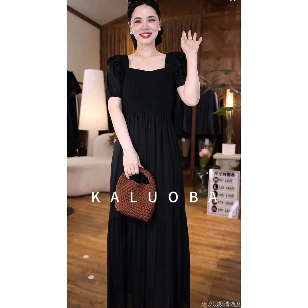 【原创大码设计师款】2024夏季气质感黑色收腰设计感显瘦连衣裙4551