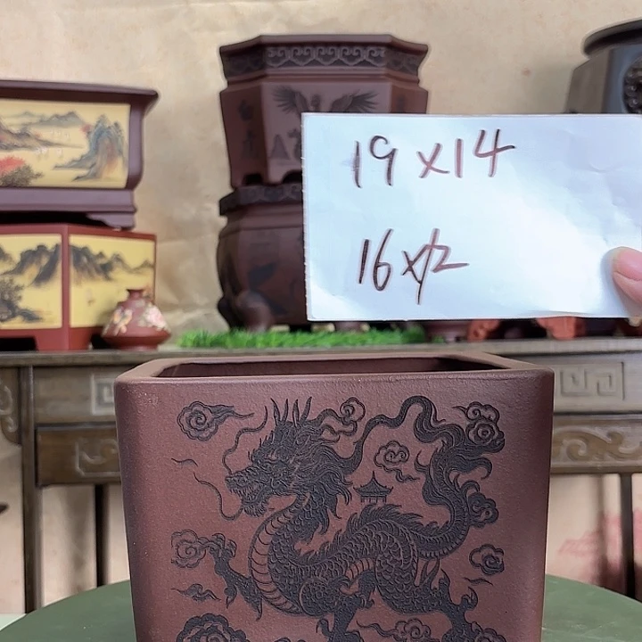 紫砂花盆刻绘四大神兽