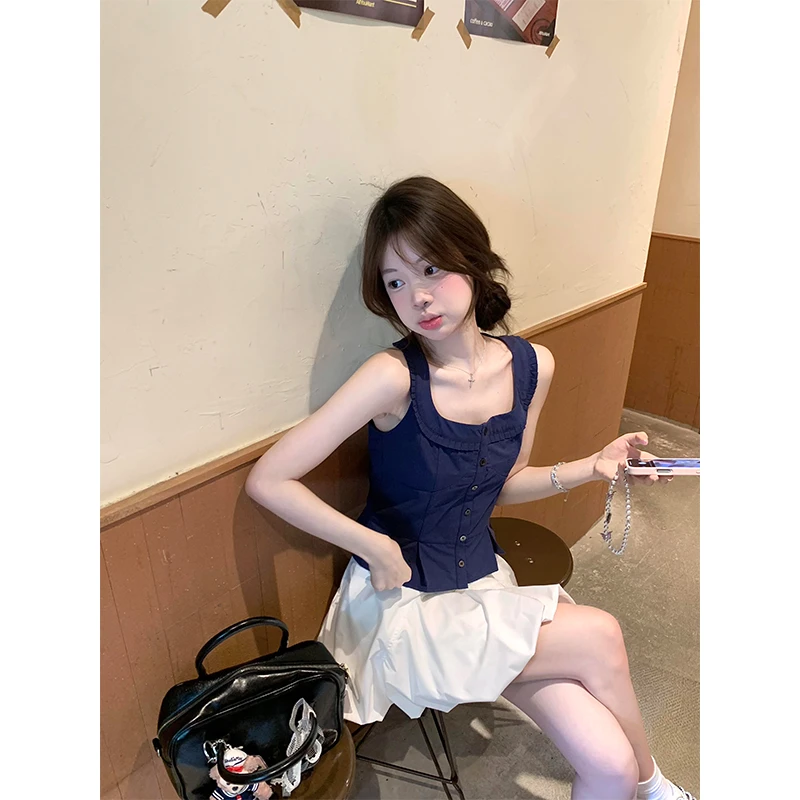 夏季新款藏青色花边无袖吊带背心短款外穿上衣蓬松花苞半身裙短裙