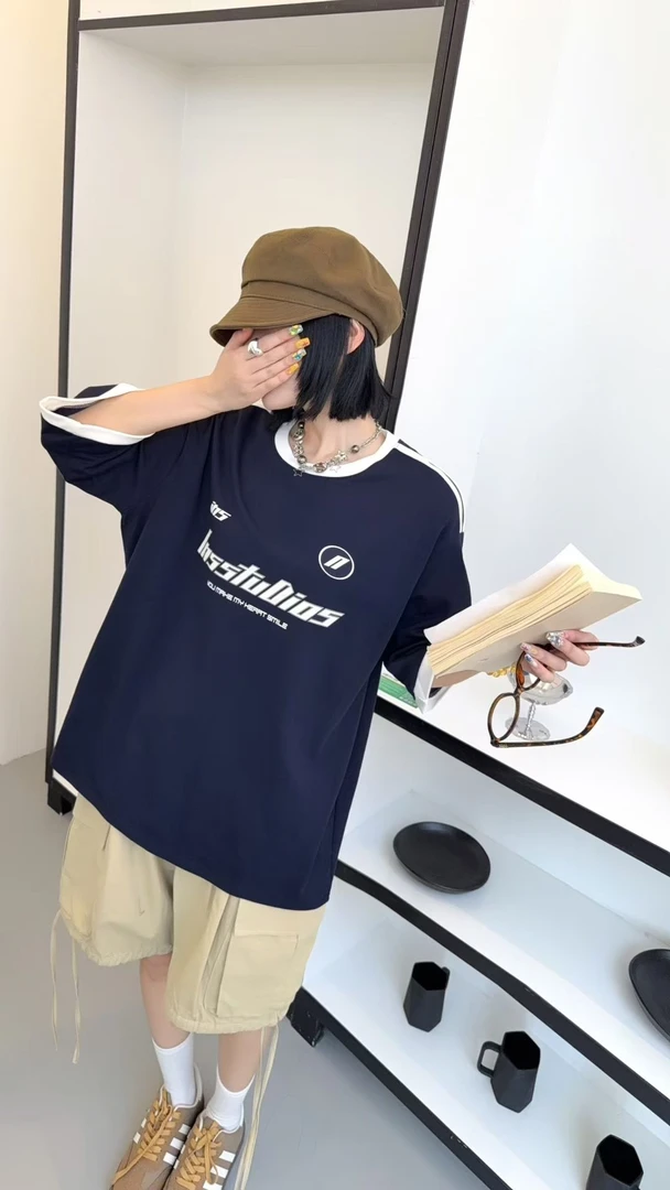 2025新款秋季五分袖大众休闲短袖字母T恤拼接运动简约百搭宽松