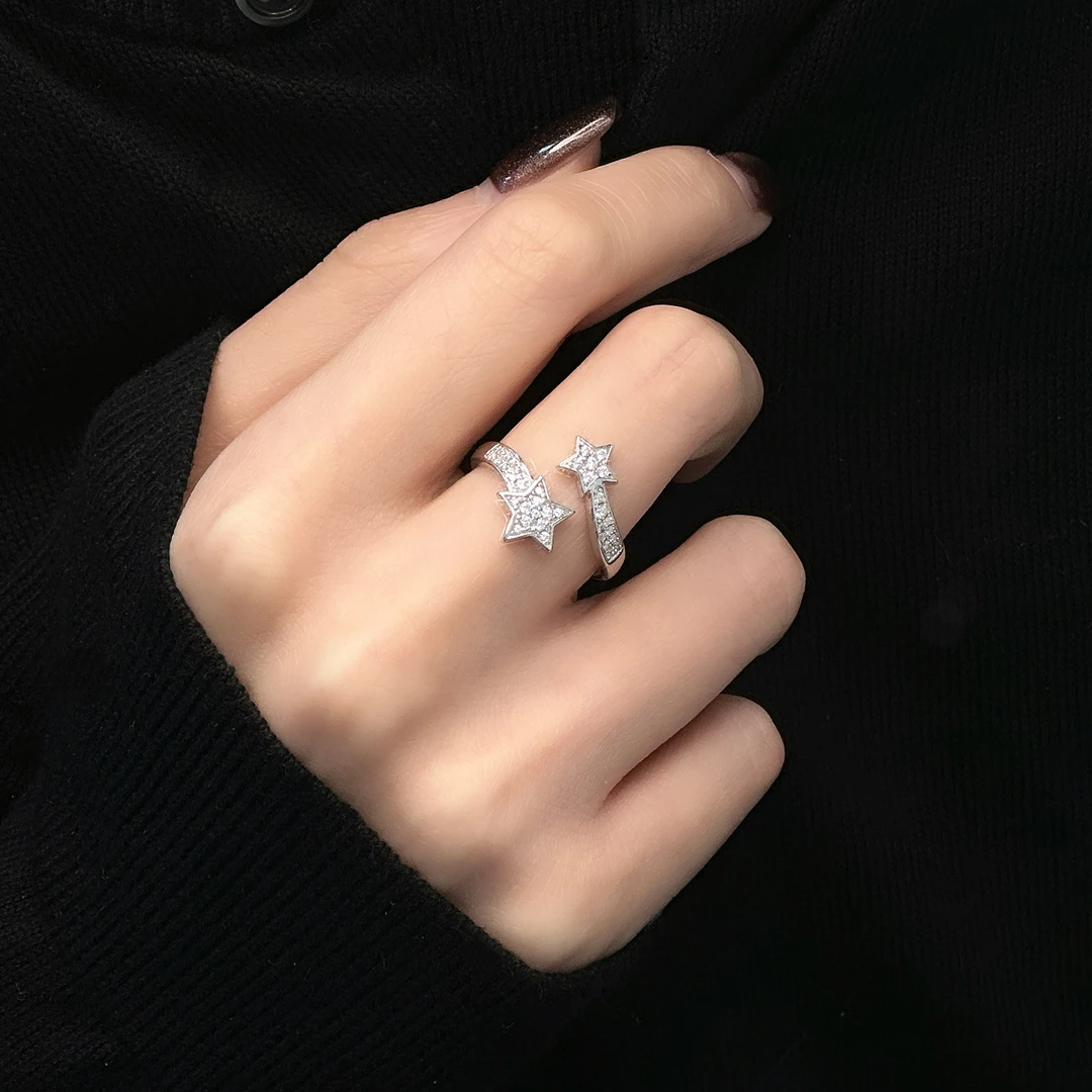925银戒指 《彗星》爆闪星河叠戴精致五角星戒指微镶满钻银戒