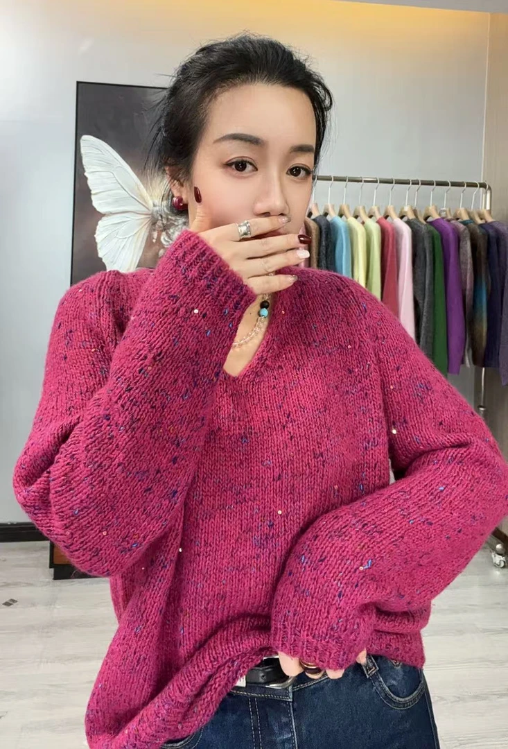 ［KSY］2025时尚新款显白气质高澳毛花纱亮片V领套头加厚羊毛衫