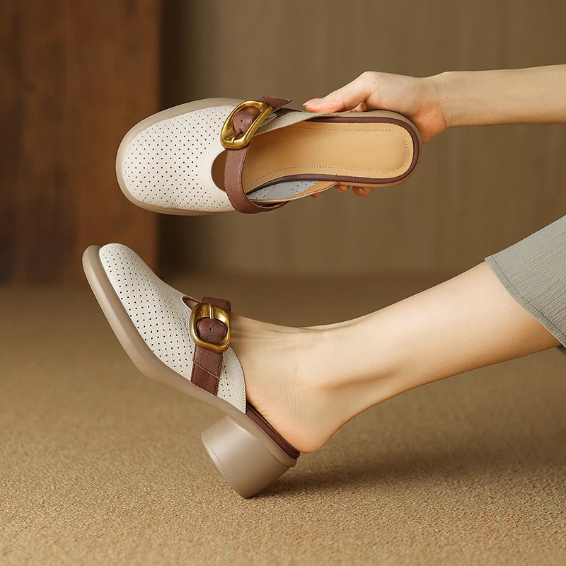 羊皮/5cm/舒适时尚休闲百搭夏季复古平底方头软底拼色低跟凉拖女