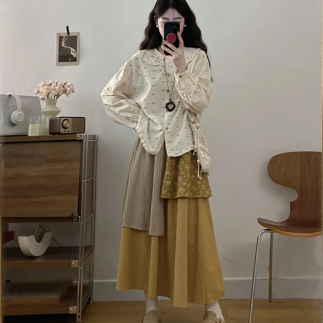 大码胖mm森系娃娃领印花棉布衬衫+拼接高腰半身裙两件套温柔