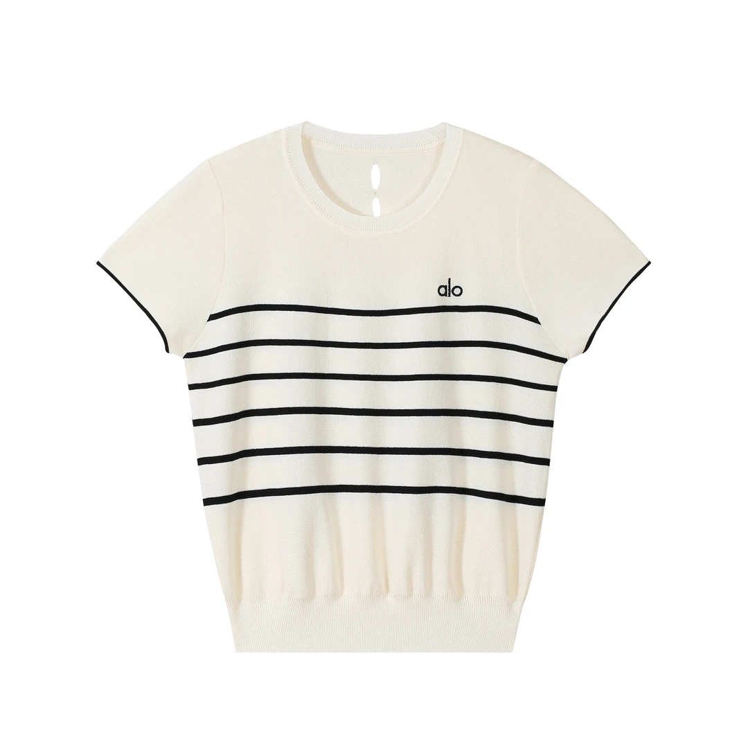 冰丝圆领条纹短袖针织衫女2025夏季高级感欧货宽松慵懒风显瘦上衣