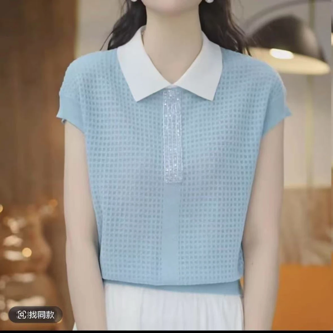 《601》夏季新款显瘦华夫格Polo领时尚烫钻薄款针织衫短袖小众
