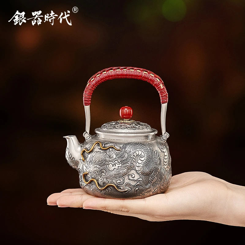 银器时代 银壶 足银999泡茶壶双龙戏珠提梁壶浮雕錾刻手工银茶壶