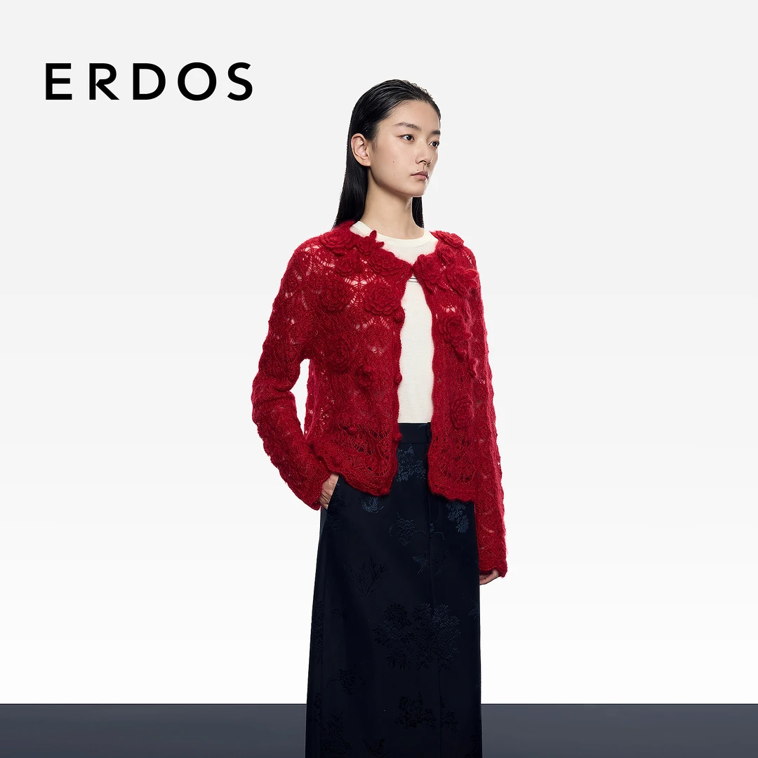 ERDOS 圆领镂空女开衫25年早秋新品手钩花朵立体装饰外套长袖外搭