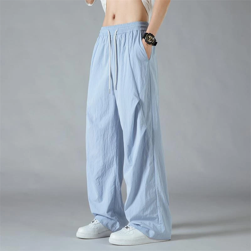 夏季薄款透气伞兵冰丝裤男士速干直筒拖地宽松运动百搭休闲长裤子