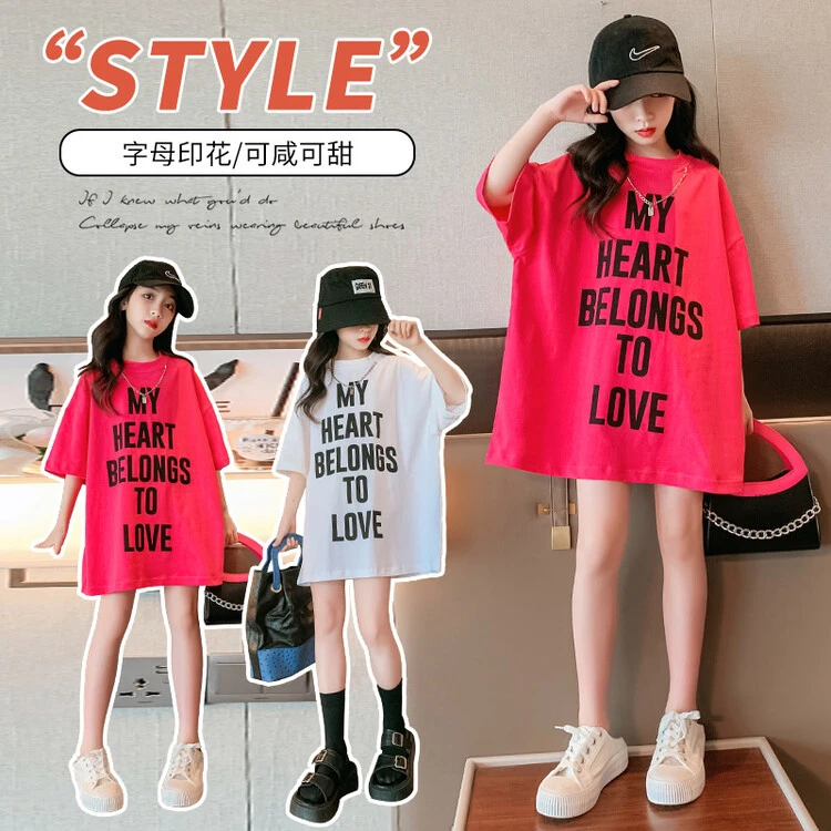 女童洋气春夏短袖T恤上衣中大童中长款夏季童装半袖休闲网红t恤