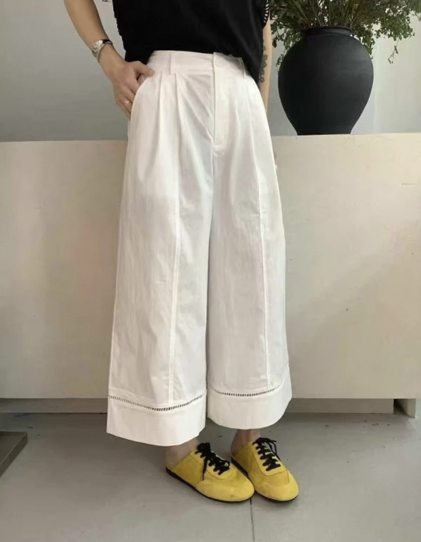 夏季新款高腰九分格纹阔腿裤女透气宽松直筒休闲裤K283