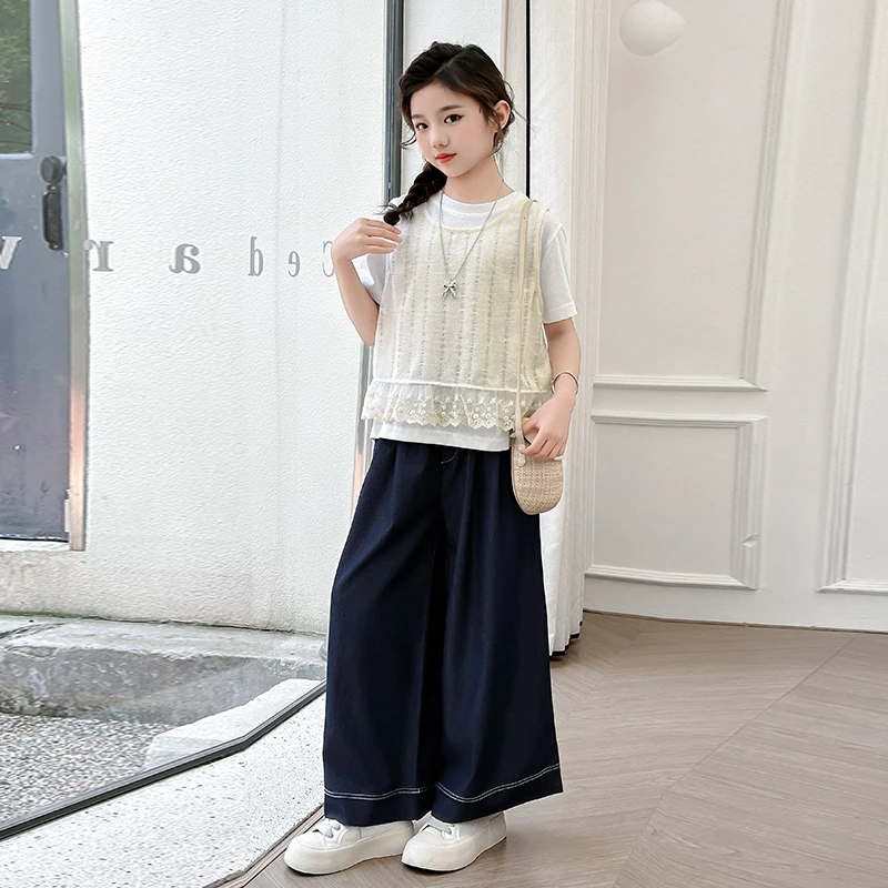 女童套装儿童洋气时尚背心短袖三件套童装2025夏季休闲宽松薄款