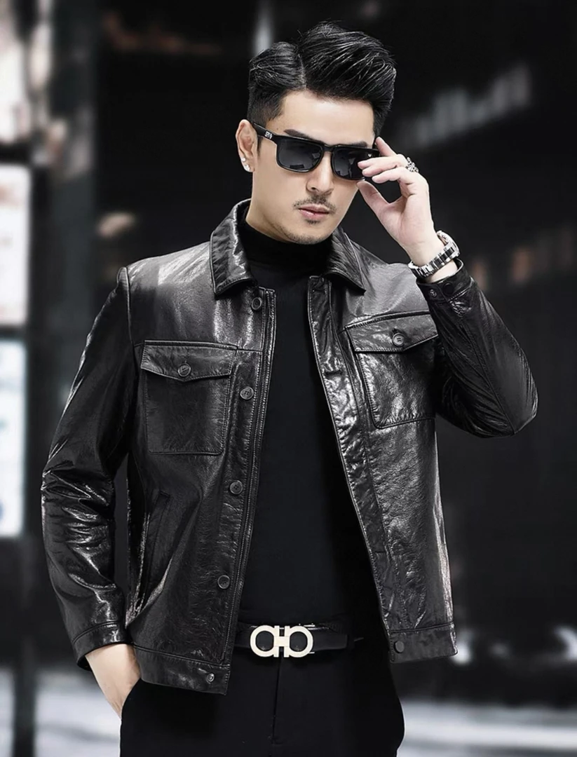 海宁真皮皮衣2025男款油蜡头层牛皮休闲夹克外套黑色3805-1
