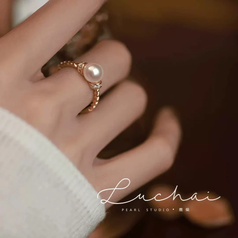 925银戒指 纯银珍珠戒指女轻奢小众百搭复古气质转运珠简约可调节