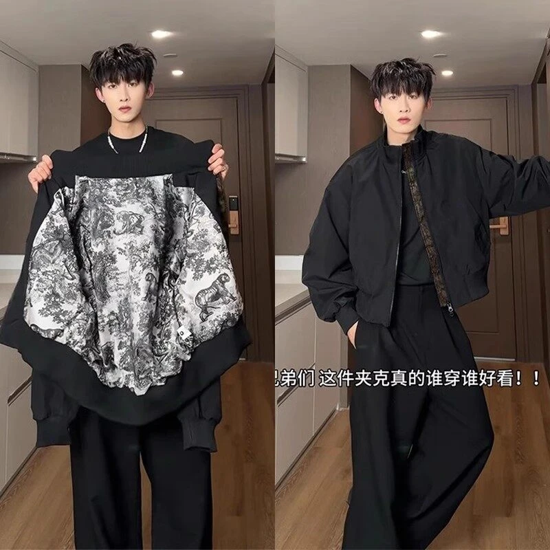 黑色蟒纹内衬夹克男款cleanfit立领工装外套美式短款飞行员棒球服