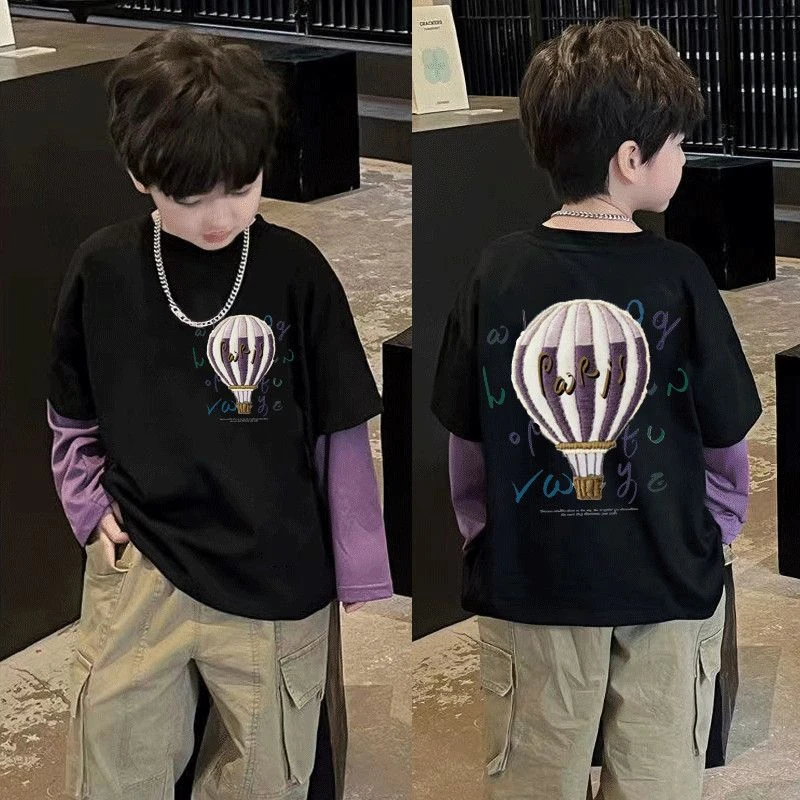 男女童夏季新款纯棉T恤长袖儿童宝宝卡通洋气假两件印花半袖宽松t