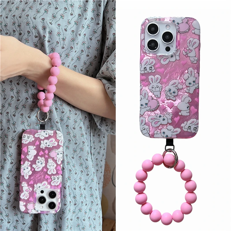 少女芭比粉爱心兔手拎圆环适用苹果16/14/13手机壳iphone15promax