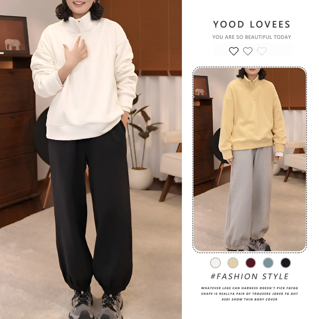 韩版简约休闲简约纽扣卫衣女2025冬季新款小个子束脚卫裤时尚套装