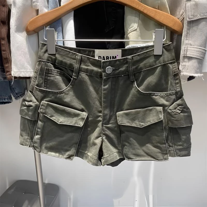 美式复古工装牛仔短裤女夏季休闲风宽松高腰显瘦A版阔腿热短裤潮