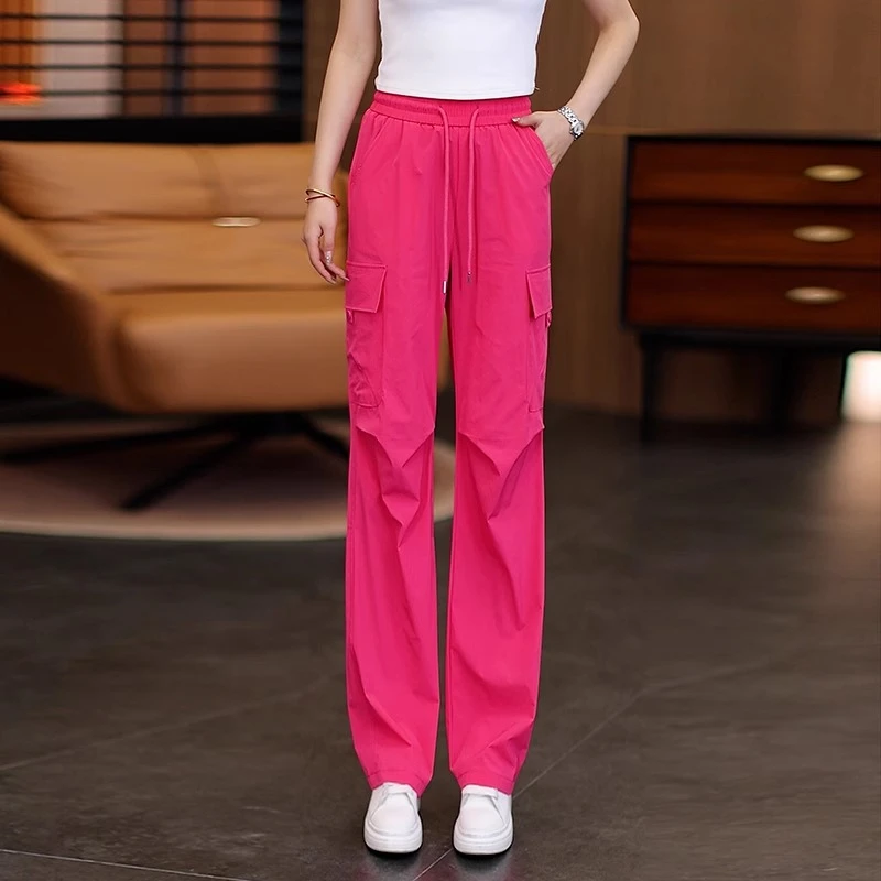 玫红色工装阔腿裤女2025夏季新款薄款冰丝速干多口袋休闲运动裤子