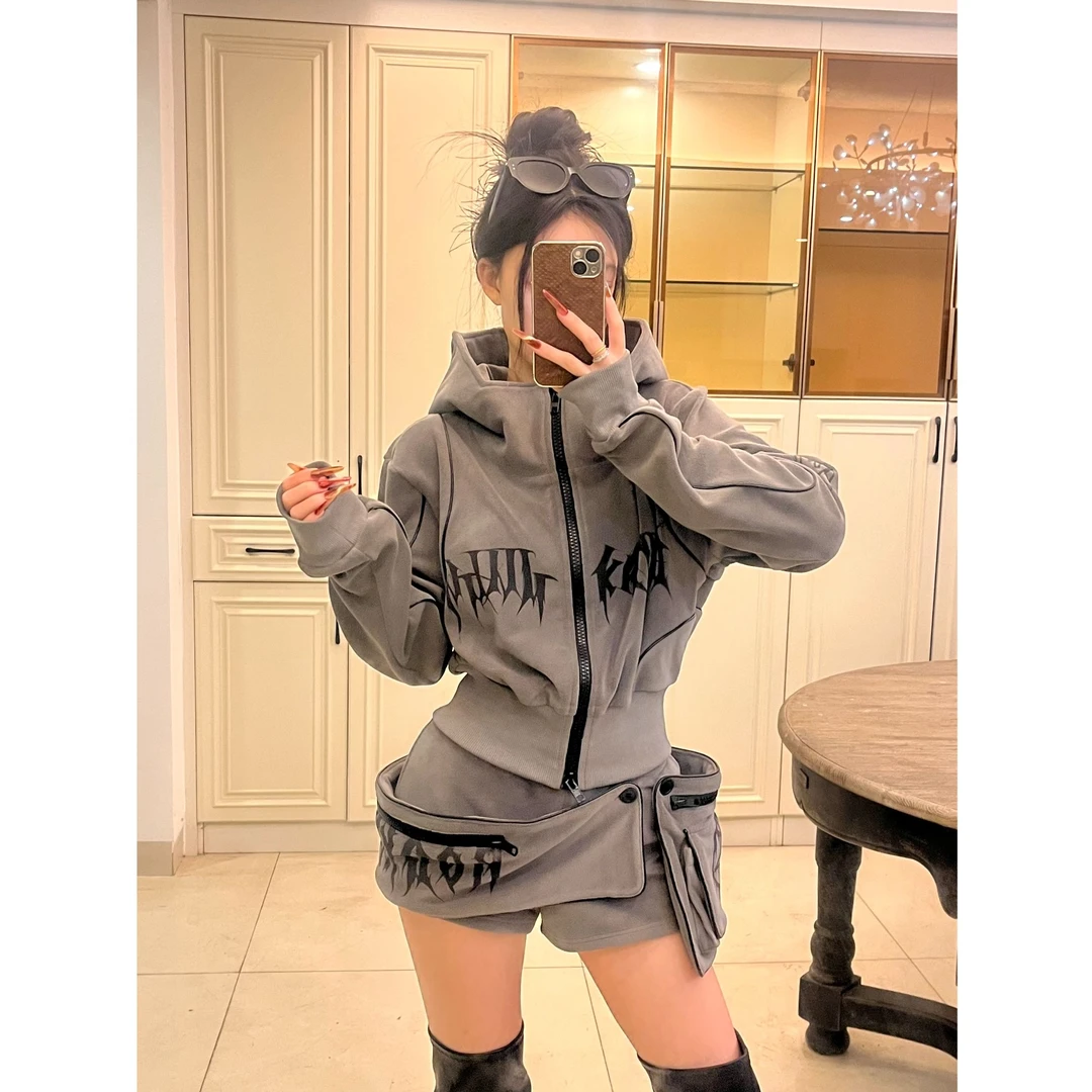 韩版辣妹时尚套装显瘦收腰休闲炸街长袖连帽网红植绒套装3136