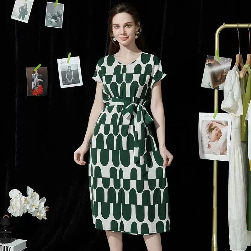 【J004】时尚百搭款洋气中长款2025拼色碎花连衣裙印花夏装女漂亮