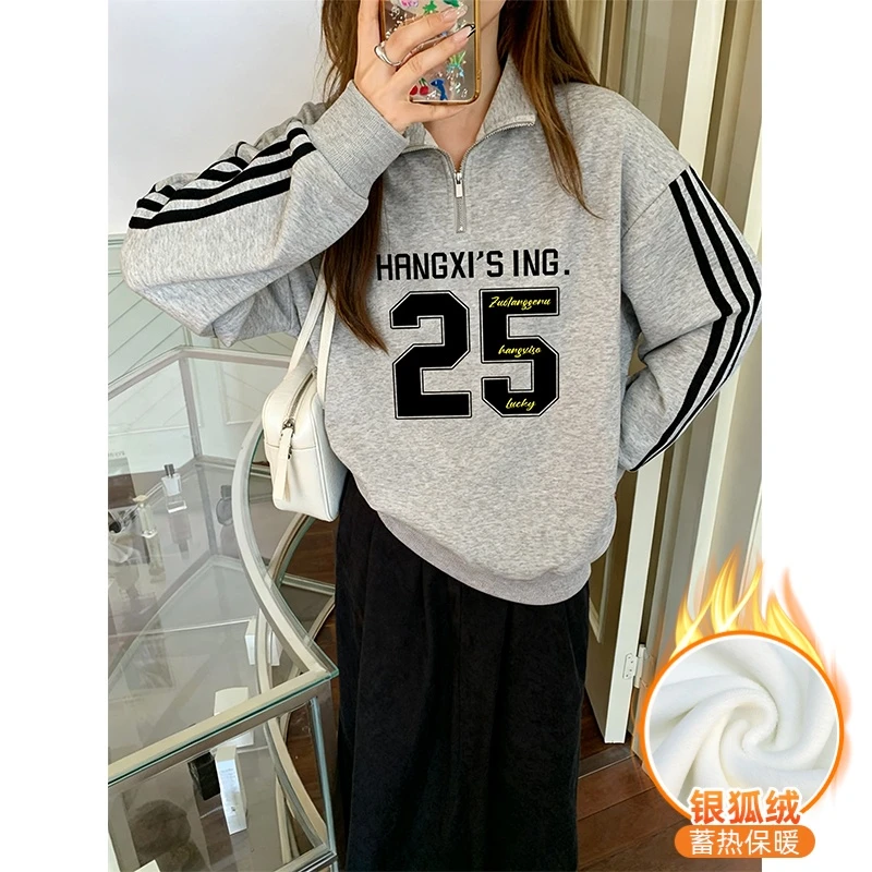 美式三条杠Polo领加绒卫衣女款爆款2025新款宽松大码半拉链上衣潮