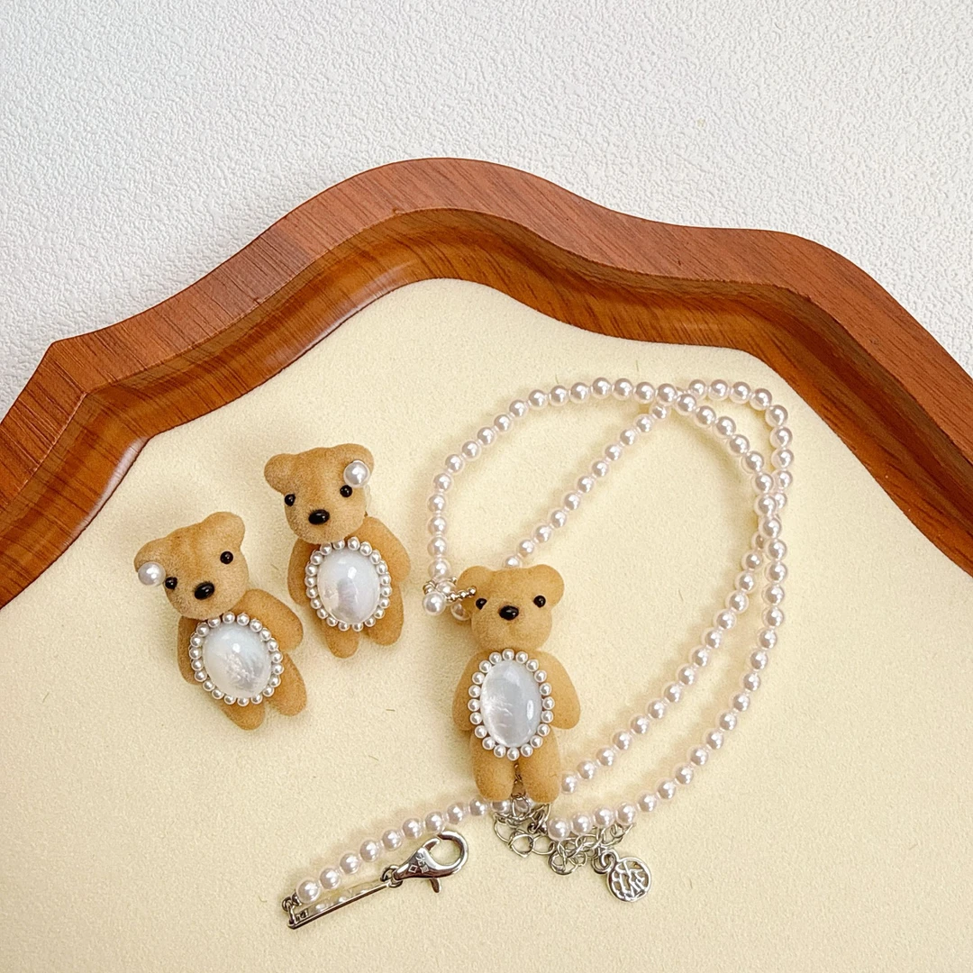 铜合金贝壳耳饰 贝壳熊耳钉珠珠项链套装系列